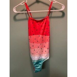 Girls Watermelon Print Swimsuit With UV Protection, Pink Platinum Size 14/16 Red